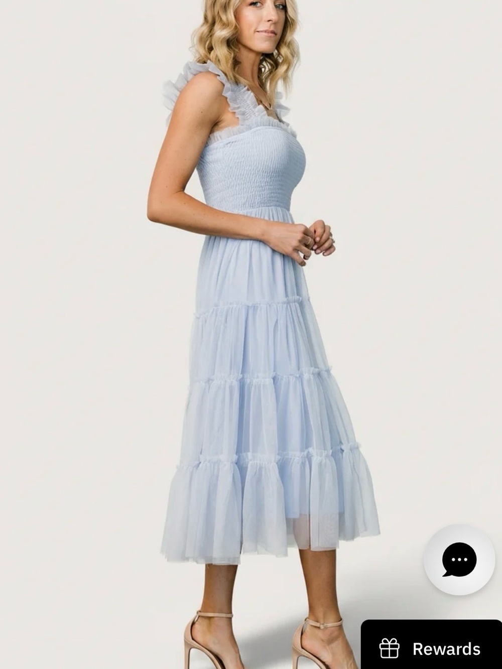 Smocked Ruffle Strap Midi Dress in Light Blue